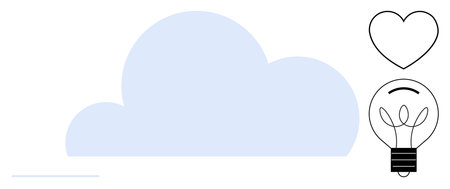 Blue cloud with a minimal heart and light bulb outline, signifying ideas, love, and cloud-based innovation. Ideal for technology, thought, love, sustainability, inspiration teamwork or energyのイラスト素材