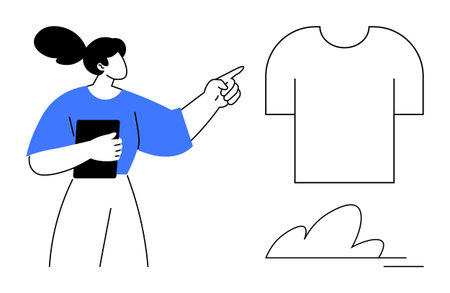 Woman holding tablet and pointing at simplistic t-shirt outline, representing design process. Ideal for creativity, fashion, innovation, teaching, planning, simplicity and teamwork. Clean flatのイラスト素材