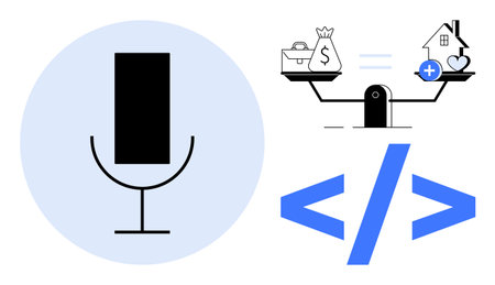Voice recognition. Visuals of a microphone symbol, a financial balance scale, and coding symbols voice recognition and its connection to technology, money management, and innovative solutions. For AIのイラスト素材