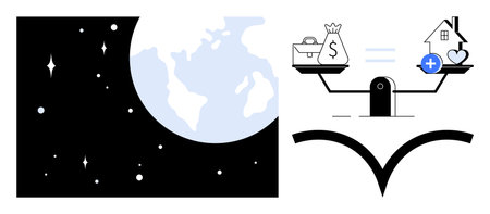 Balance concept. Symbolic imagery of scales showing finance, housing, and healthcare with the Earth in space. Balance s harmony in global economy and well-being. For finance, healthcare, housingのイラスト素材