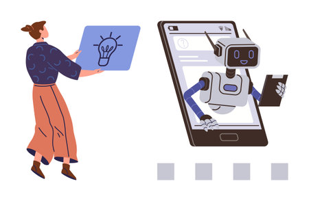 Woman presenting ideas to interactive AI robot emerging from smartphone. Ideal for technology, innovation, communication, artificial intelligence, digital solutions, smart apps, futuristic conceptsのイラスト素材