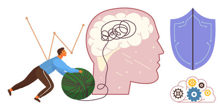 Man untangling yarn near brain icon, shield, and gears cloud. Ideal for mental health, problem-solving, focus, organization, self-care cognitive development stress relief. Simple flat metaphorのイラスト素材