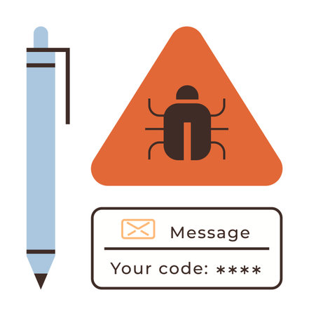 Triangular warning with bug, email message containing secure code, and pen suggesting cybersecurity risks. Ideal for warning, hacking, phishing, cyberattack, coding alertness online safety. Simpleのイラスト素材