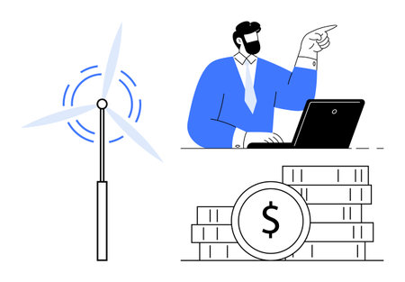 Man at laptop pointing in discussion, wind turbine, and money stacks highlight eco-friendly profit strategies. Ideal for renewable energy, finance, sustainability, green economy, investmentsのイラスト素材