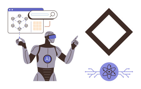 AI robot with VR visor engaging with data interface, geometric shapes, and atom graphics. Ideal for AI, technology, innovation, robotics, data analysis, futuristic concepts simple flat metaphorのイラスト素材