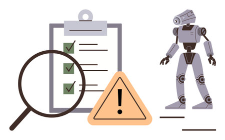 Robot beside clipboard with check marks, magnifying glass, and warning sign for evaluation, automation, AI, innovation, quality control, safety protocols and troubleshooting. Simple flat metaphorのイラスト素材