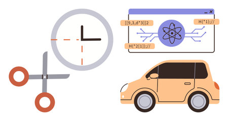 Clock with a dotted segment, open scissors, technical diagram with atomic structure, small car illustration. Ideal for technology, innovation, time management, engineering, education automationのイラスト素材