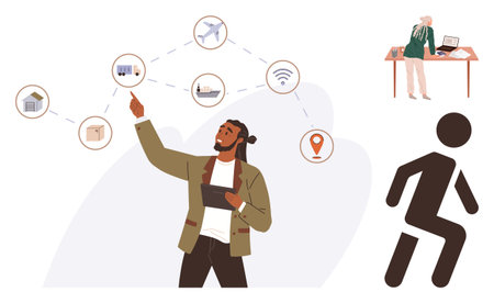 Man gesturing at logistics chart with connected nodes, woman at desk working on laptop, stylized figure walking away. Ideal for logistics, planning, management, teamwork, goals, innovation simpleのイラスト素材