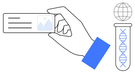 Hand holding ID card with image, globe above, test tube containing DNA strand. Ideal for identity, biometrics, research, innovation, science technology data security. Simple flat metaphorのイラスト素材