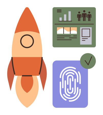 Rocket with flame, analytics dashboard with graphs, biometrics fingerprint, and checkmark. Ideal for innovation, technology, startups, research security analytics and progress. A simple flatのイラスト素材