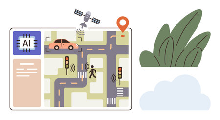 AI-enhanced map with roads, car, pedestrian, traffic lights, satellite, and location pin. Ideal for technology, transportation, energy innovation urban planning artificial intelligence smartのイラスト素材