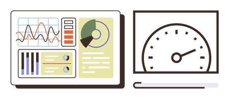 Analytical dashboard featuring line graphs, bar graphs, pie chart, and circular speedometer for performance tracking. Ideal for data visualization, performance metrics, analytics, business insightsのイラスト素材