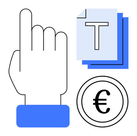 Hand pointing upward beside text document icon and euro currency symbol. Ideal for finance, digital tools, payment, document editing, technology, business operations, simple landing pageのイラスト素材