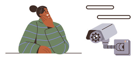 Woman with thoughtful expression near surveillance camera, representing privacy, monitoring, and security challenges. Ideal for privacy, security, monitoring, ethics, safety decision-makingのイラスト素材