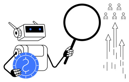 Robot holding a magnifying glass and coin, analyzing small group data and growth arrows. Ideal for AI, data analysis, business, market trends, innovation, tech and automation. Simple flat metaphorのイラスト素材