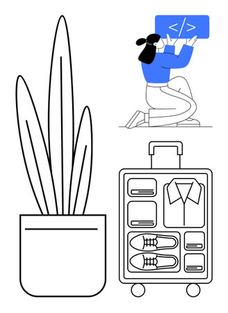 Woman writing code on screen, tall potted plant, neatly organized suitcase with travel essentials, including shoes and formalwear. Ideal for coding, remote work, travel, organization, lifestyleのイラスト素材