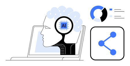 Side profile of human with AI chip, integrated into laptop. Includes analytics chart and share icon. Ideal for technology, innovation, AI, data sharing, analysis, machine learning simple landingのイラスト素材
