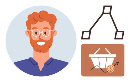 Portrait of smiling man with glasses, growth graph over shopping basket and connected nodes. Ideal for marketing, entrepreneurship, user profile, ecommerce, innovation, business analysis, networkingのイラスト素材