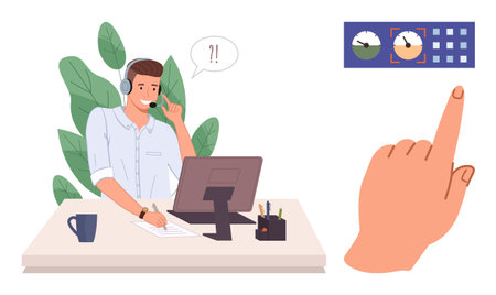 Office worker using headset at desk, speaking while multi-tasking. Hand interacts with scheduling tool. Ideal for productivity, teamwork, communication, technology, efficiency, time managementのイラスト素材