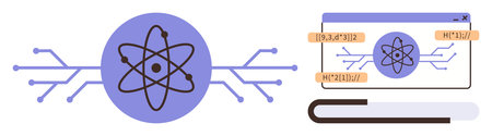 Purple atom at center with branching circuits, browser window featuring atomic model, digital tags, and a progress bar. Ideal for education, AI, research, innovation, tech STEM simple flat metaphorのイラスト素材