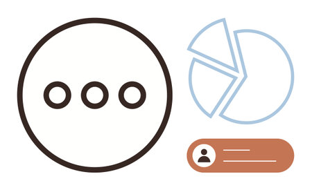 Circular menu icon alongside a pie chart and user profile element. Ideal for analytics, user interface, teamwork, data management, business strategy, information design, simple flat metaphorのイラスト素材
