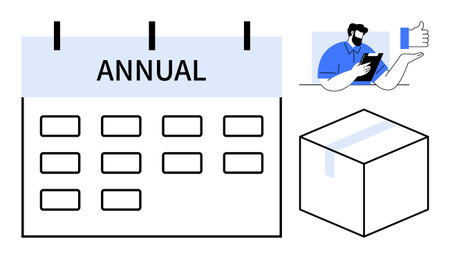 Annual calendar with boxes, man using a tablet giving feedback, and a package. Ideal for scheduling, feedback, logistics, productivity, delivery teamwork or planning visualizations. Simple flatのイラスト素材