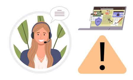 Smiling female support agent with headset, open laptop showing online security issues, and caution symbol. Ideal for customer service, IT, cybersecurity, remote work, risk managementのイラスト素材