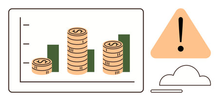 Stacked coins with bar chart highlight financial growth. Adjacent triangle warning sign reflects risks. Cloud suggests data or technology link. Ideal for finance, economy, risk, investmentのイラスト素材