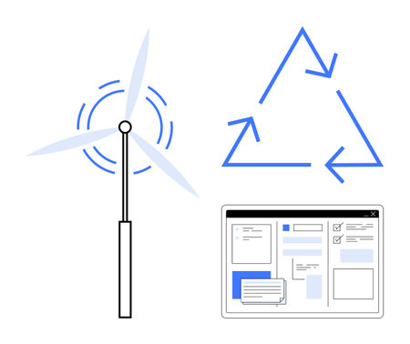 Wind turbine generating energy, recycling arrows symbol, and digital interface elements. Ideal for sustainability, renewable energy, eco-friendly technology, recycling awareness, green innovationのイラスト素材