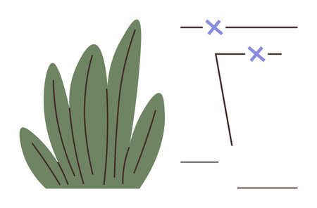 Green leaf cluster adjacent to crisscross and line marks, symbolizing growth, planning, strategy, and nature. Ideal for eco-planning, sustainability, mapping concepts, analytics environmentのイラスト素材