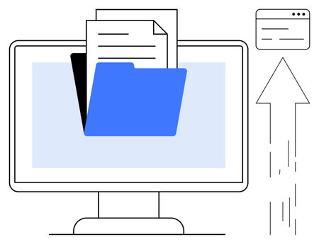 Computer screen displaying file folder with documents and upload arrow. Ideal for cloud storage, data sharing, file management, technology, workflow processes, information systems, simple flatのイラスト素材