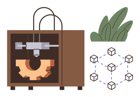 3D printer forming a gear, representing modern manufacturing. Blockchain cubes convey secure digital...