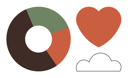 A pie chart with diverse segments, a heart symbol, and a simple cloud outline, combining data, love, and connection concepts. Ideal for analytics, emotions, sustainability weather communicationのイラスト素材
