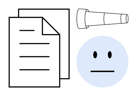 Telescope beside papers and neutral face emphasizes focus on search, research, and analysis. Ideal for problem-solving, exploration, planning, discovery, investigation, brainstorming simple flatのイラスト素材