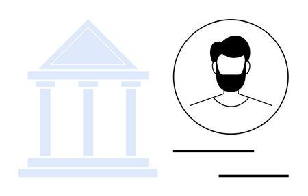Government building icon paired with a circular headshot outline, horizontal lines for text. Ideal for identity confirmation, legal documents, digital ID, user authentication, security, verificationのイラスト素材