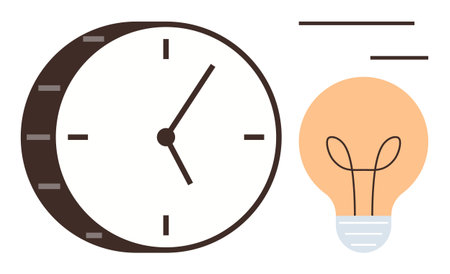 Analog clock paired with glowing light bulb symbolizing time management, innovation, and productivity. Ideal for brainstorming, efficiency, planning, strategy, work-life balance, time-energyのイラスト素材