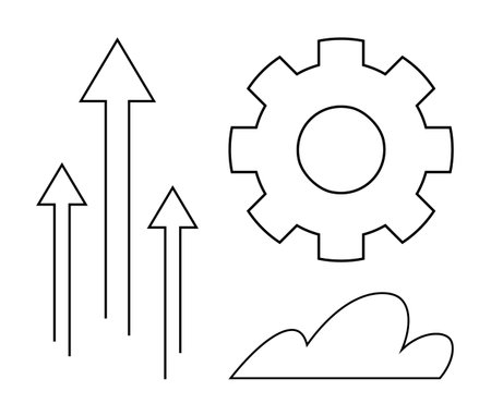 Gear with upward arrows and cloud design showcasing progress, development, and modern technology. Ideal for innovation, teamwork, strategy, industry, cloud computing, success simple flat metaphorのイラスト素材