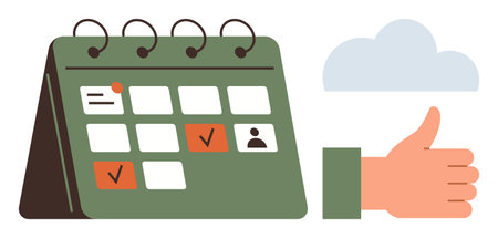 Green desk calendar highlighting completed tasks with checkmarks, orange accents, cloud icon, and thumbs-up gesture. Ideal for planning, scheduling, organization, success, productivity remindersのイラスト素材