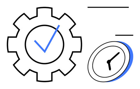 Gear with checkmark symbolizes completion and efficiency, while clock highlights time focus. Ideal...