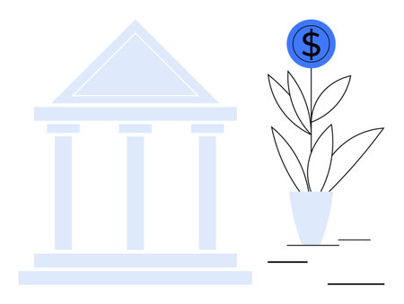 Bank building next to plant growing a dollar coin. Ideal for finance, investment, wealth, savings, banking, monetary growth, economy. Clean design simple flat metaphorのイラスト素材