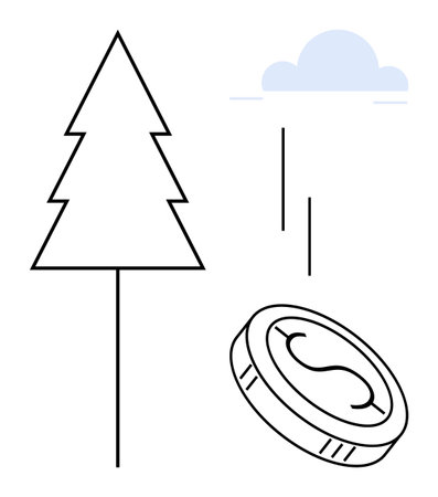 Minimal line art showing a tree, coin, and cloud conveying economic sustainability and environmental balance. Ideal for nature, finance, economy, ecology, environment, conservation growth simpleのイラスト素材