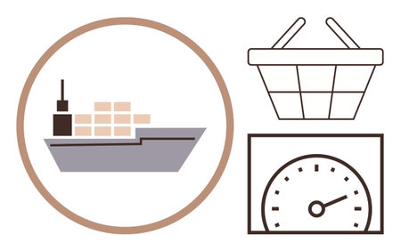 Cargo ship with containers, basket representing shopping, and speedometer highlighting efficiency. Ideal for trade, commerce, logistics, economy, retail productivity speed. Simple flat metaphorのイラスト素材