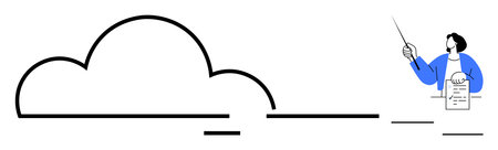 Large cloud connected by lines to a professional holding document and pointing with a stick. Ideal for digital storage, online collaboration, cloud computing, business analysis, data securityのイラスト素材