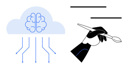 Cloud with brain symbolizing AI, circuits for connections, robotic hand holding brush. Ideal for technology, innovation, art, AI-human collaboration, digital creation, future conceptsのイラスト素材