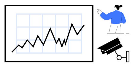 Upward trend line graph with grid, pointing figure suggesting focus or analysis, and surveillance camera. Ideal for progress tracking, analytics, strategy, data security, business growth, monitoringのイラスト素材