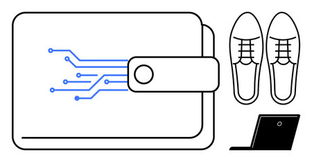 Digital wallet with circuit pattern, formal shoes, and laptop emphasizing technology, business, and financial transactions. Ideal for fintech, ecommerce, payments, fashion modern life careerのイラスト素材