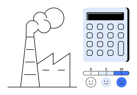 Factory releasing smoke, calculator for measurement, and emotion scale from happiness to sadness. Ideal for sustainability, emissions control, environmental policy, data analysis, climate awarenessのイラスト素材