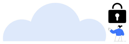 Large blue cloud with a black padlock and a person pointing at it, symbolizing cloud storage safety and online security. Ideal for technology, privacy, data protection, cybersecurity, backup, onlineのイラスト素材