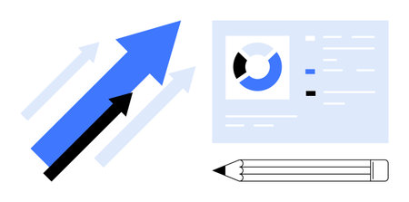 Upward arrows alongside a data chart with segments and a pencil. Ideal for strategy, growth, analytics, planning, progress, innovation, and productivity in a simple flat metaphorのイラスト素材