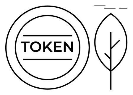 Circular token with Token text next to a minimalist leaf outline. Ideal for blockchain, cryptocurrency, ecology, sustainability, minimalist branding, eco-focused finance, and modern design. Cleanのイラスト素材